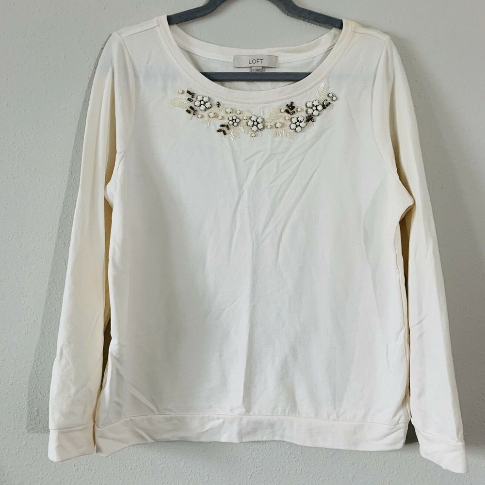 Loft Cream Beaded Collar Pullover Sweater Top - Picture 1 of 6